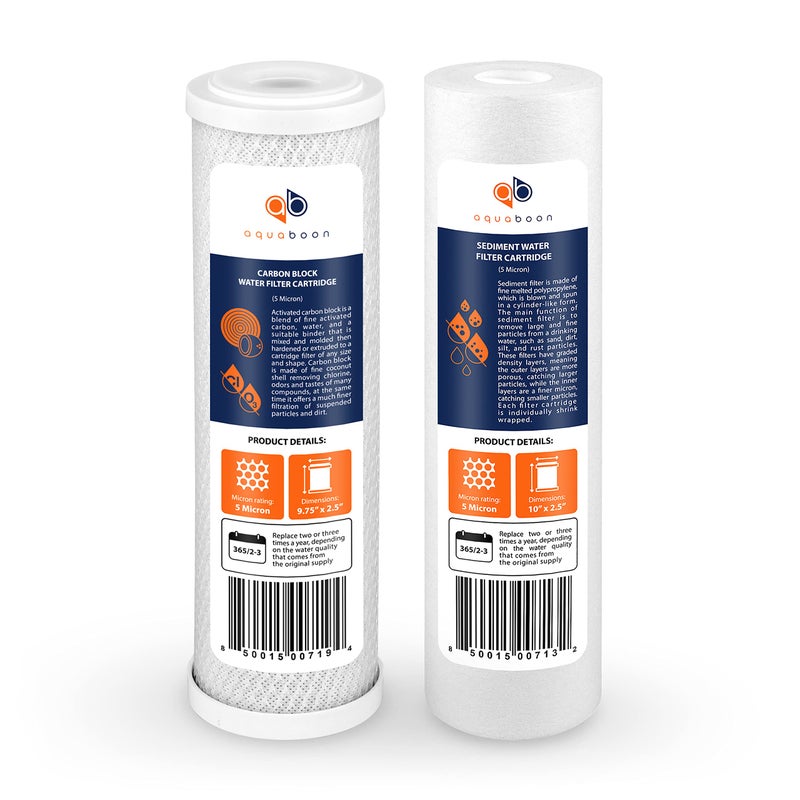 Aquaboon 5 Micron 10 x 2.5 House Water Filters Cartridges, Set of 2 Sediment & Carbon Filter Replacements Compatible with WHKF-WHWC, P5, WHKF-GD05 - Image 1